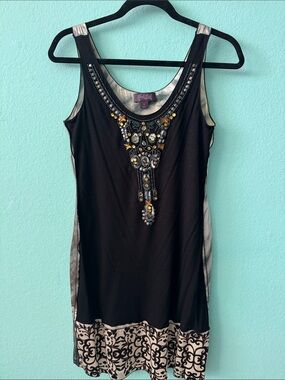 Embellished Black Sleeveless Camisole Dress with Cream Hem